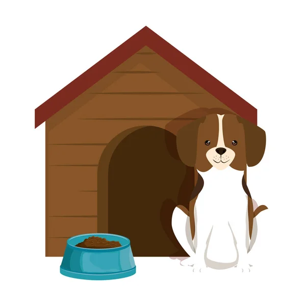 Lindo perro crianza con madera casa y plato de comida — Archivo Imágenes Vectoriales