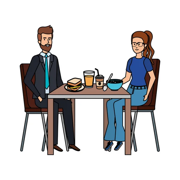 Jeune couple manger dans des personnages de table — Image vectorielle