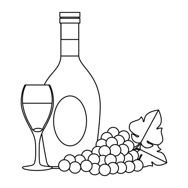 Botella de vino con taza y uvas — Vector de stock