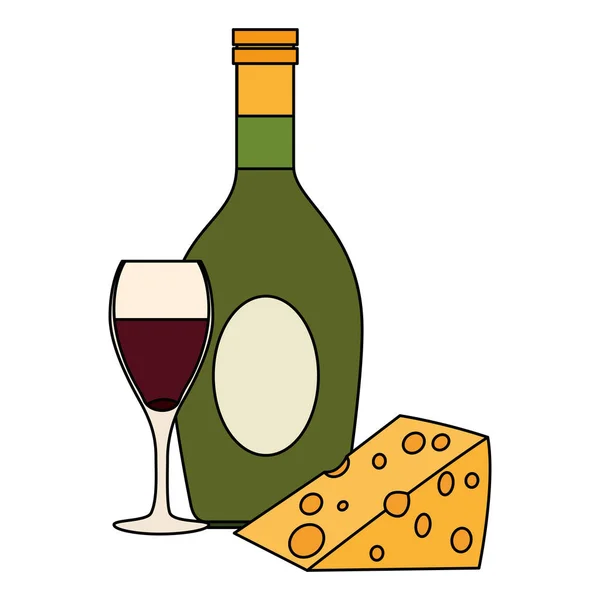 Botella de vino con taza y queso — Vector de stock