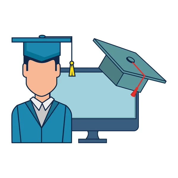 Graduação estudante com computador e chapéu — Vetor de Stock