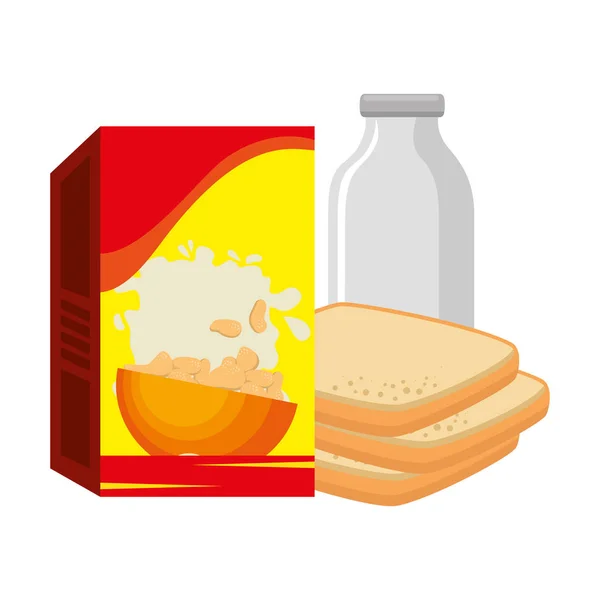 Scatola di cereali con pane e bottiglia di latte — Vettoriale Stock