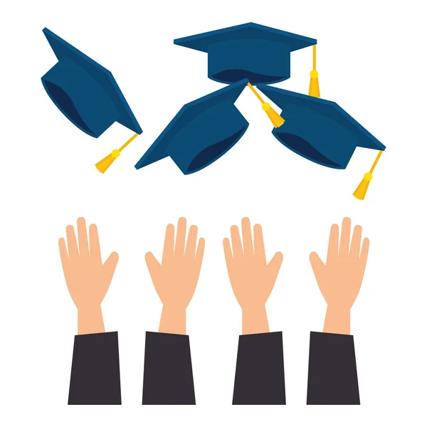 Tirar manos sombreros de graduación — Vector de stock