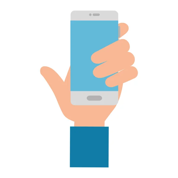 Hand met smartphone apparaatpictogram geïsoleerde menselijke — Stockvector