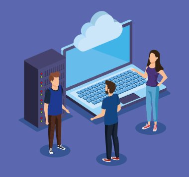 Laptop teknolojisi ve disk depolama kulesine sahip kadın ve erkekler