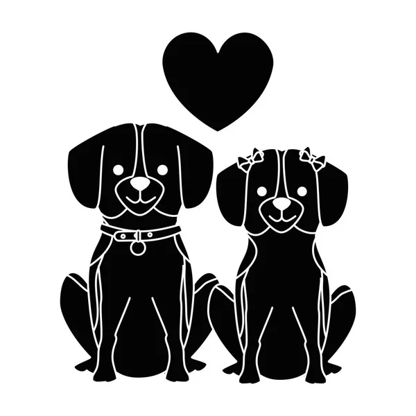 Bonito cães casal amantes com corações personagens —  Vetores de Stock