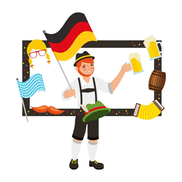 Bavarian hombre con marco cerveza bandera sombrero barril — Vector de stock