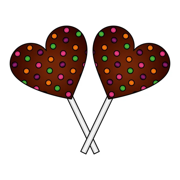 巧克力的甜棒棒糖在形状心脏孤立图标 — 图库矢量图片