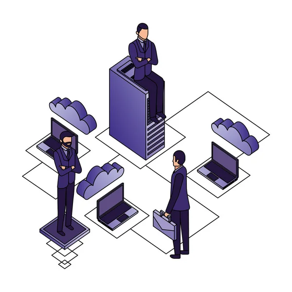 Biznesmeni z pracy zespołowej i ikona serwera danych izometrycznych — Wektor stockowy