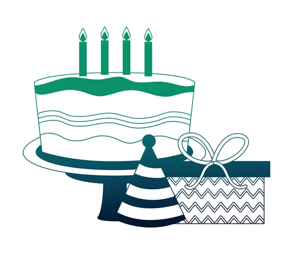 Sweet cake with hat party and gift box present — Stock Vector
