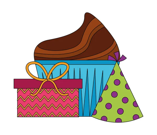 Cupcake sucré avec cadeau boîte cadeau et chapeau fête — Image vectorielle