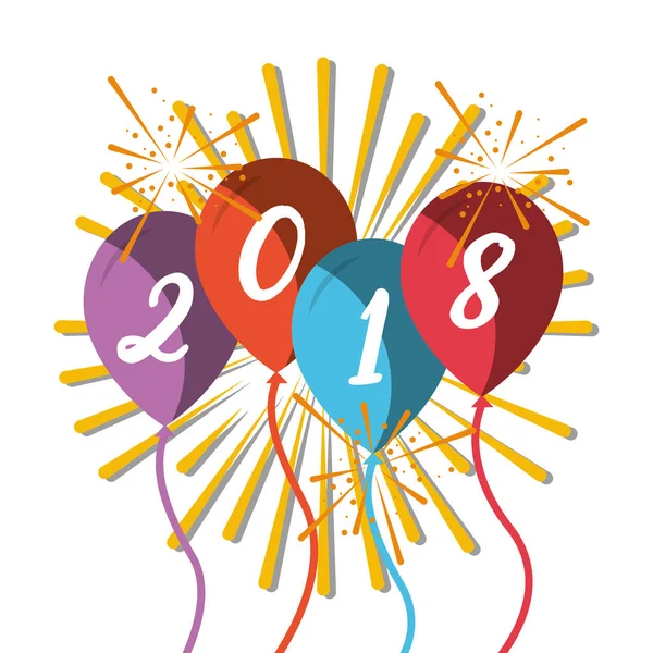 Feliz año nuevo 2018 globos de colores brilla cartel de decoración — Vector de stock