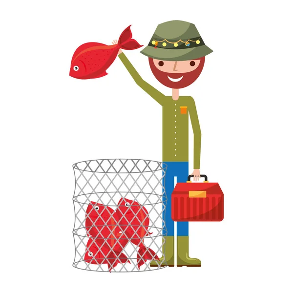 Fisherman holding fish and basket filled fishes — Stock Vector