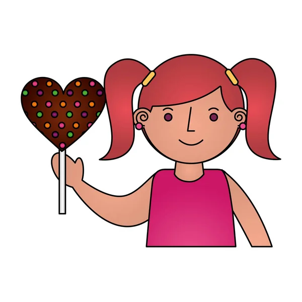 Cute girl holding sweet lollipop snack — Stock Vector