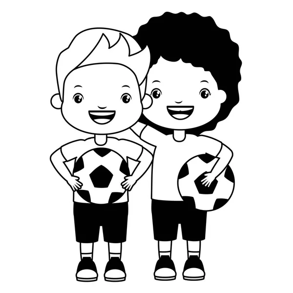 Chicos con pelotas de fútbol — Vector de stock