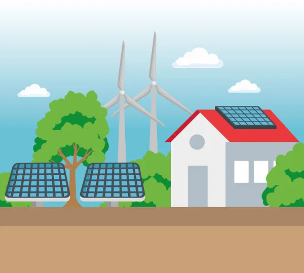 Maison avec énergie solaire et éolienne pour la conservation de l'écologie — Image vectorielle