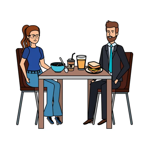 Νεαρό ζευγάρι τρώει στο τραπέζι χαρακτήρες — Διανυσματικό Αρχείο
