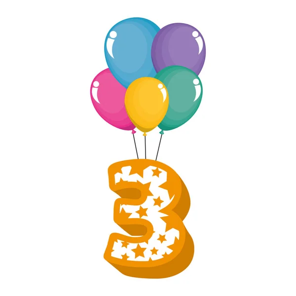 Cute numer trzy z balonami helu — Wektor stockowy