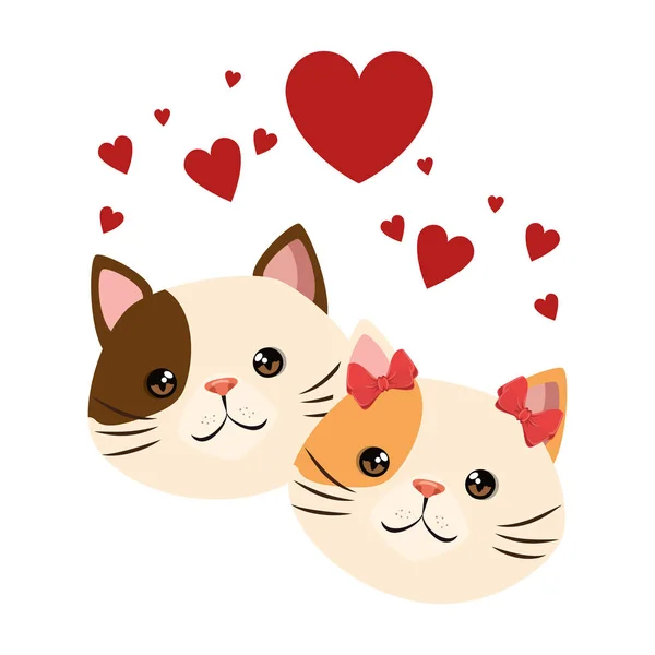 Mignon chats mascottes tête avec des personnages de coeur — Image vectorielle