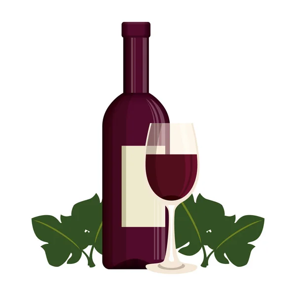 Garrafa de vinho e xícara com folhas — Vetor de Stock