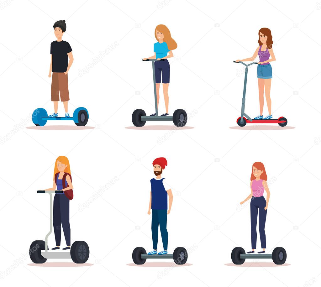 set women and men riding electric scooter