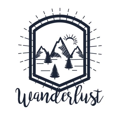 wanderlust için çam ağaçları ile karlı dağların etiket