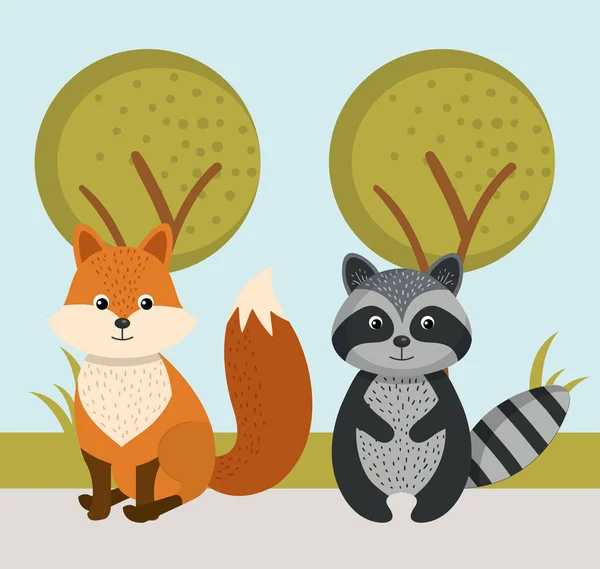 Söt räv och Raccoon vilda djur skog landskaps träd — Stock vektor