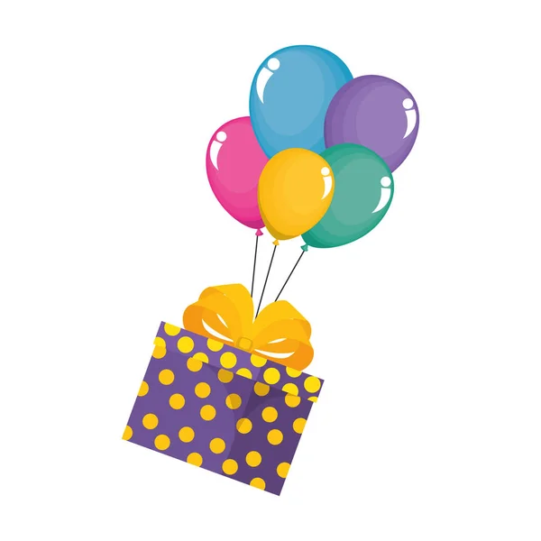 Presentbox närvarande flyger med ballonger helium — Stock vektor