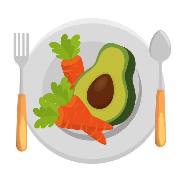 Abacate fresco e cenouras em prato comida vegetariana — Vetor de Stock