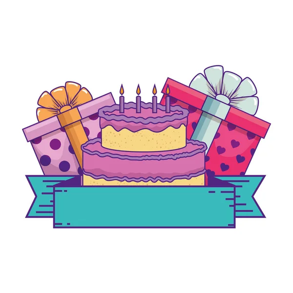 Gifts boxes presents with sweet cake — Stock Vector