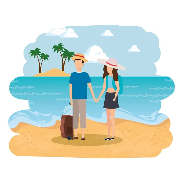 在海滩上拿着手提箱的年轻夫妇 — 图库矢量图片