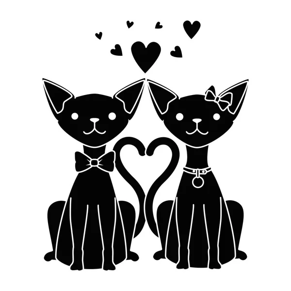 Bonito casal gatos mascotes com corações personagens —  Vetores de Stock