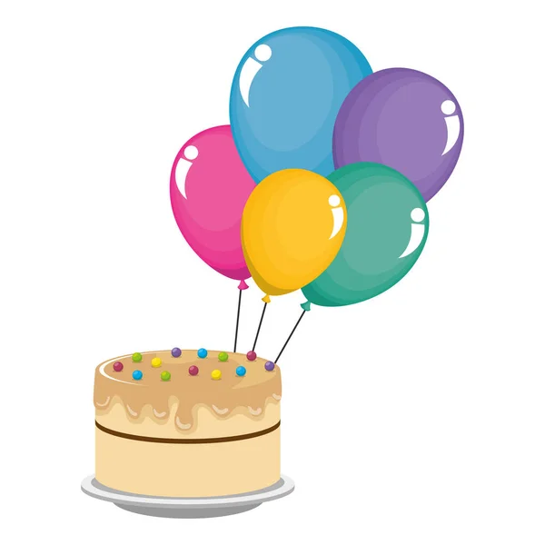 Pastel dulce y delicioso con globos de helio — Vector de stock