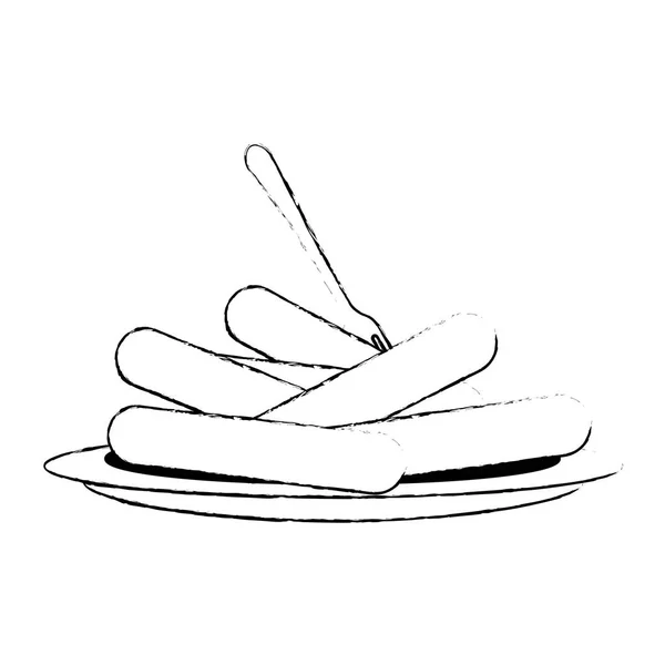 Farfurie cu cârnați delicioși și furculiță — Vector de stoc
