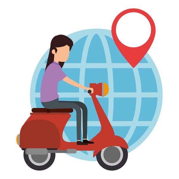 Woman driving scooter and planet — Stock Vector