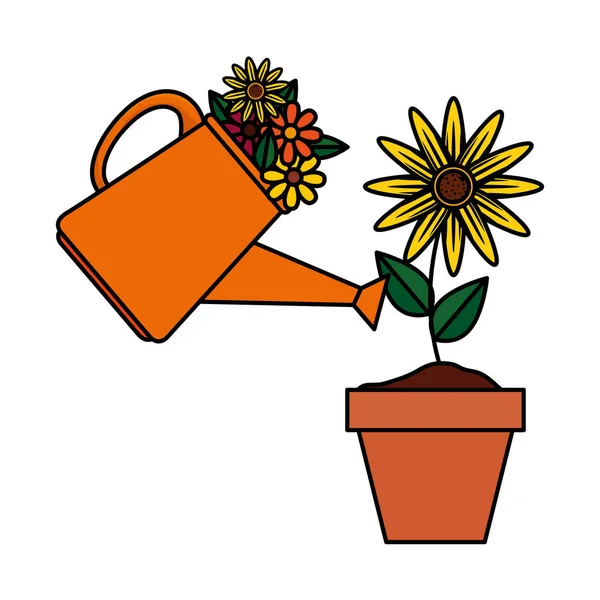 Sprinkler pot with flowers and sunflower — Stock Vector