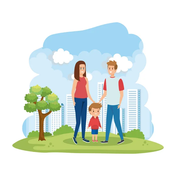 Parents couple with son in the park scene — Stock Vector