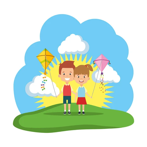 Kinderpaar mit Drachenflug im Feld — Stockvektor