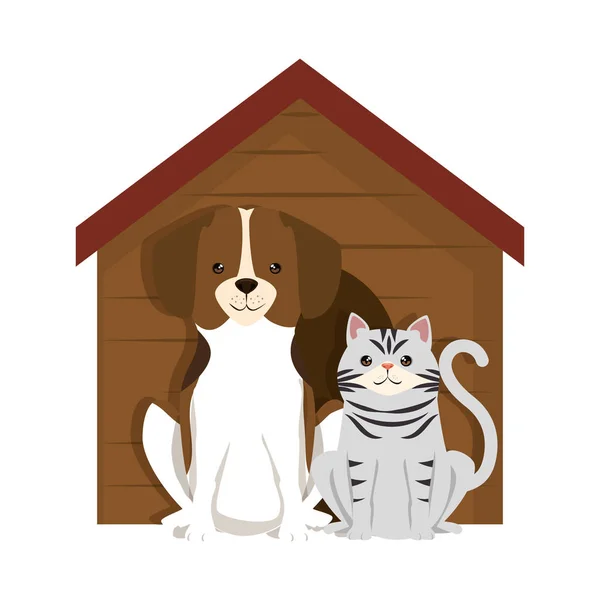 Bonito cão e gato com personagens de casa de madeira — Vetor de Stock