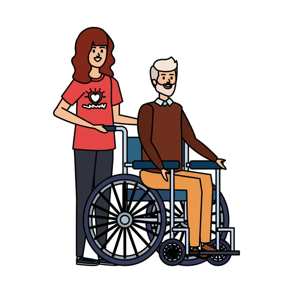 Νεαρή γυναίκα εθελόντρια με τον ηλικιωμένο σε αναπηρική καρέκλα — Διανυσματικό Αρχείο