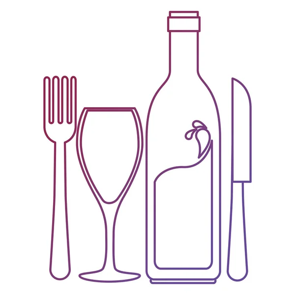 Silhouette bouteille de vin avec tasse et couverts — Image vectorielle