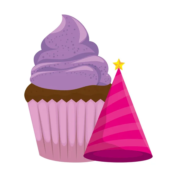 Sweet cupcake pastry with party hat — Stock Vector