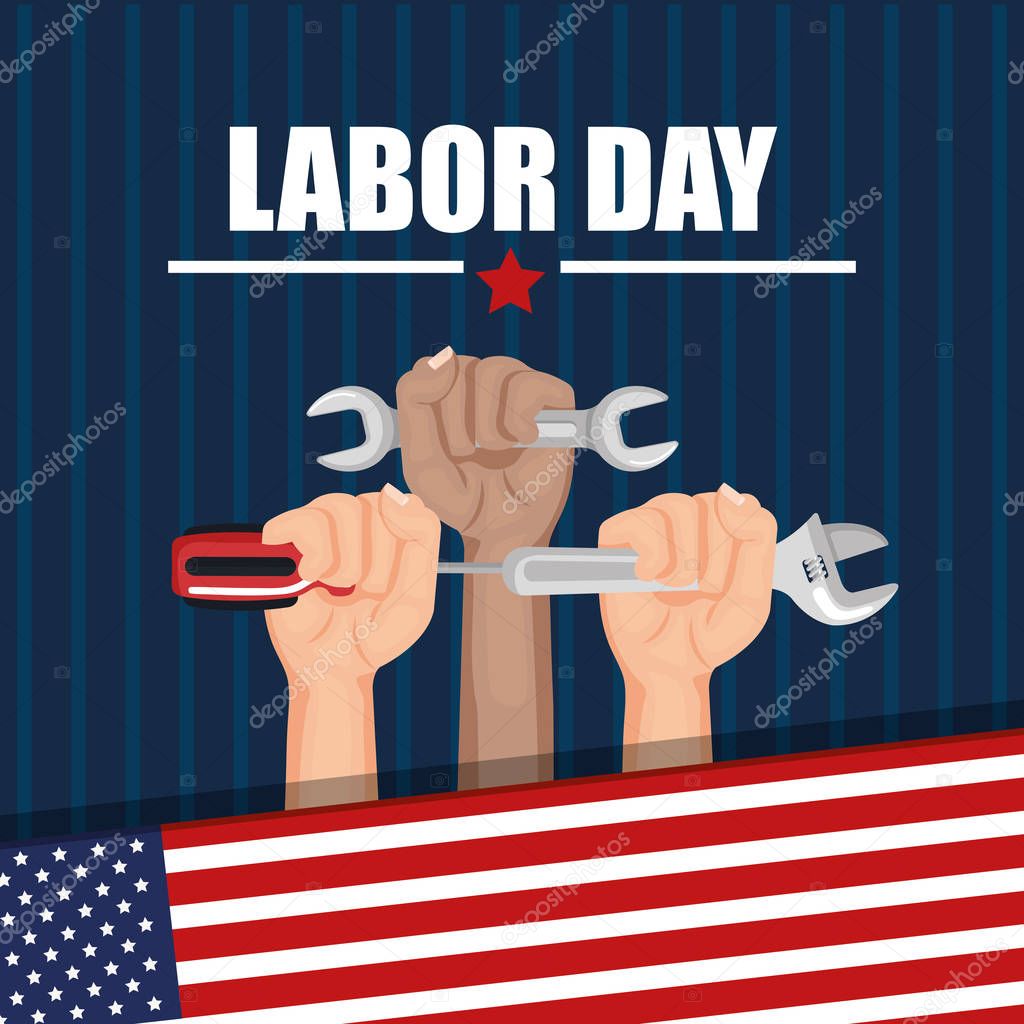 labor day hands with fists raised tools american flag