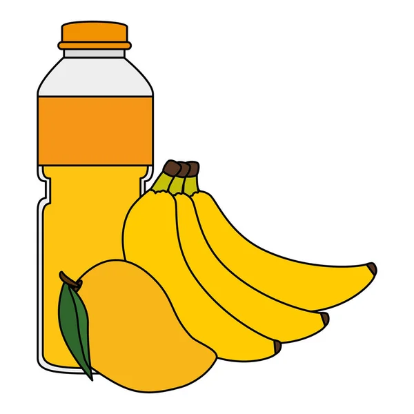Succo di frutta bottiglia con banane e mango — Vettoriale Stock