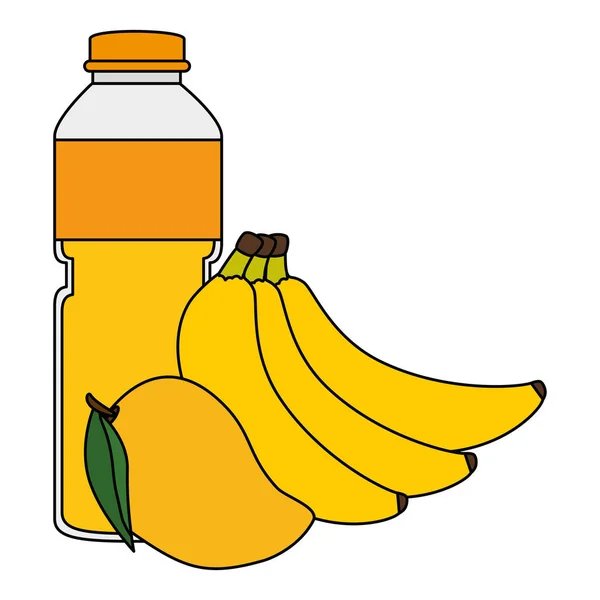 Frasco de zumo de frutas con plátanos y mango — Vector de stock