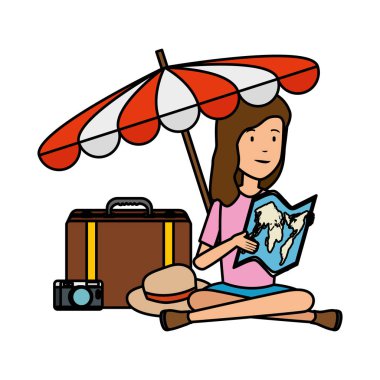 kağıt harita ve seyahat simgeleri ile turist kadın