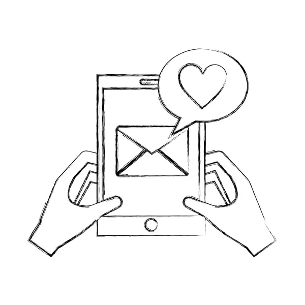Mãos com o amor mensagem de e-mail smartphone — Vetor de Stock