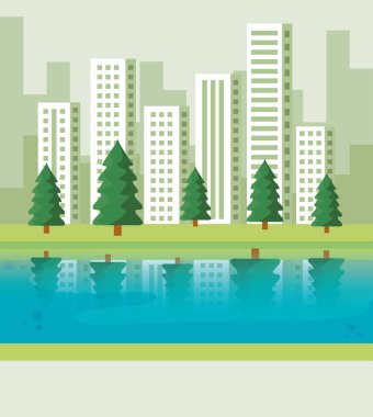 nehir ve bina cityscape ile çam ağaçları