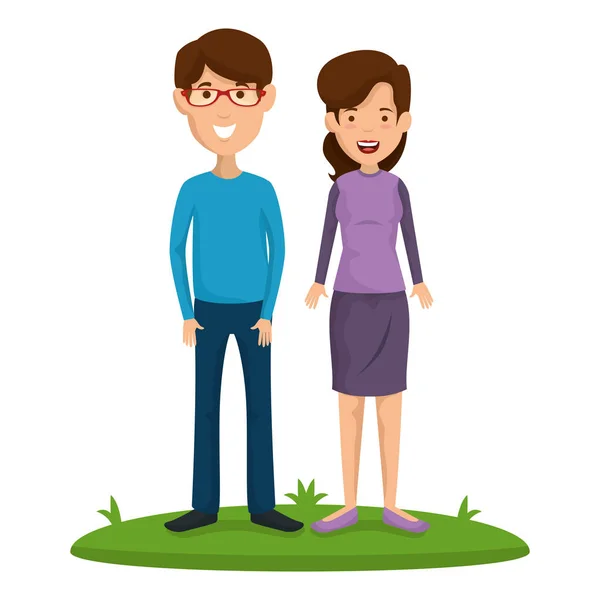 Joven pareja en hierba avatares caracteres — Vector de stock