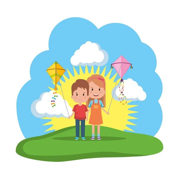 Kids couple with kite flying in the field — Stock Vector